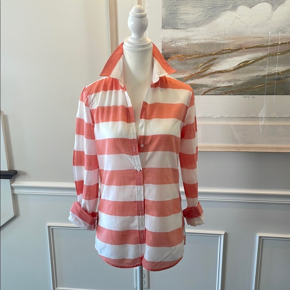 Banana Republic S Rugby Cabana Striped Coral and White 100% Cotton